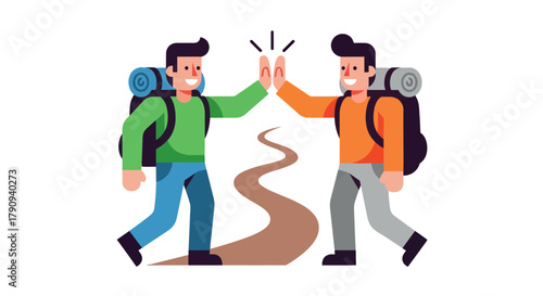 Two Friends High Fiving During an Adventure Hike, Success and Cheerful Moment