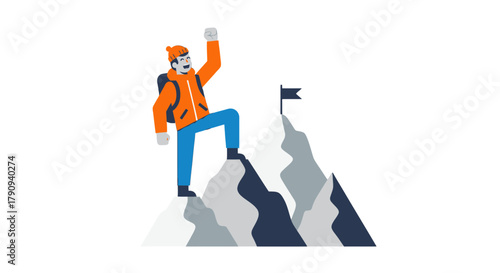 Triumphant Hiker Reaches the Peak Achieving Goal Celebrating on the Mountain Summit