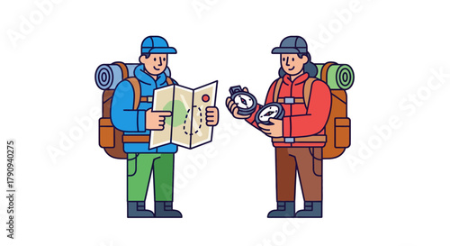 Two Friends Exploring New Terrain Use Map And Compass For Adventure Together