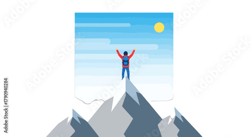 Triumphant Hiker Reaches Rocky Peak, Celebrates Success, Bright Sunny Day and Blue Sky