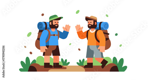 Two Friends Hiking Give High Five, Vector Illustration Depicting Adventure and Friendship