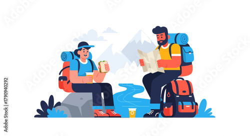 Two Friends Enjoying Hiking Adventure, Mountain Scenery And Trail Map In Nature