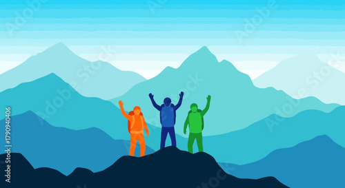 Triumphant Hikers Celebrate Peak Success Among Serene Mountain Ranges