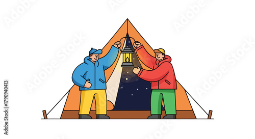 Two Friends Lighting Up the Night for Camping Adventure in a Tent Together