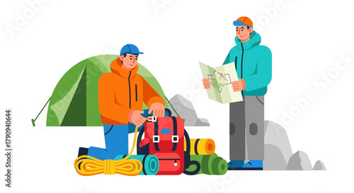 Two Friends Preparing Backpacks, Reading Maps, and Embarking on Adventurous Outdoor Activities