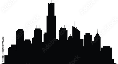 City skyline silhouette, modern urban buildings vector, downtown architecture design, metropolitan landscape illustration, black cityscape art