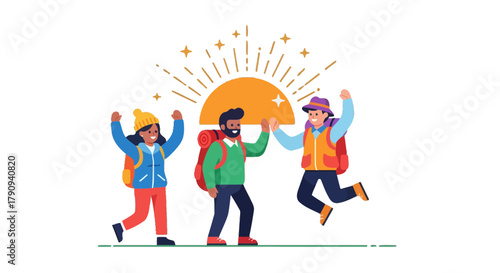 Triumphant Hikers Celebrating Their Adventure With A Sunrise Symbolism of Success