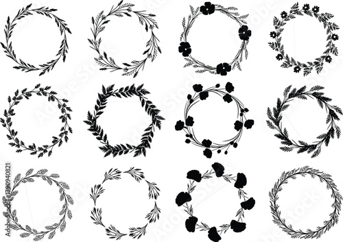 Botanical wreath silhouette collection, floral frame vector, vintage flower circle design, nature decorative border illustration