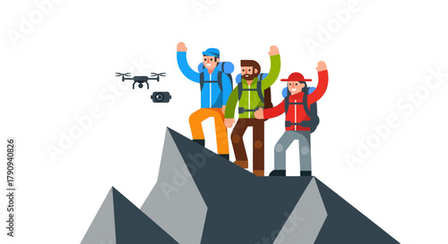 Triumphant Hikers Celebrating Their Ascent With Drone And Camera Capturing The Moment