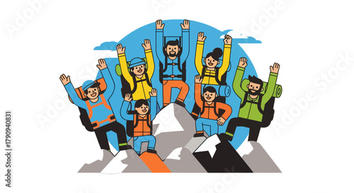 Triumphant Hikers Celebrating Their Ascent Upon a Mountain Peak After A Successful Climb