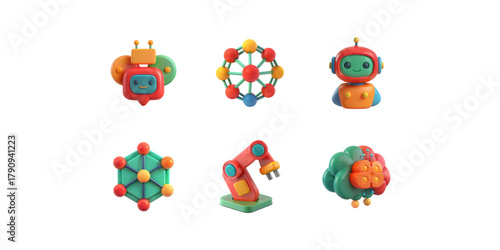 Science technology and robotics icons in colorful 3D style. Set of colorful 3D technology icons showing robot head, molecule, and microscope. Colorful futuristic technology and innovation concept.