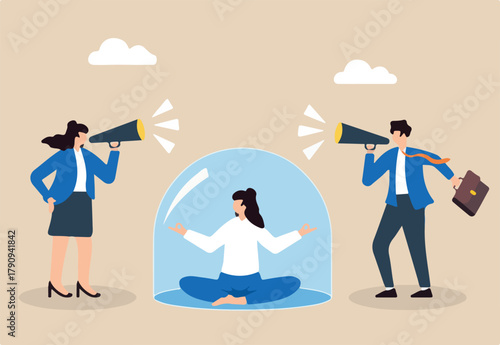 Flat illustration of businesswoman meditate under protective cover ignoring workplace noise and distraction