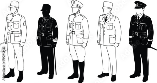 Illustration of historical military and police uniforms, vector drawing of officers in different styles and eras, vintage concept