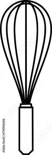 A black wire whisk with a handle is placed on a white background
