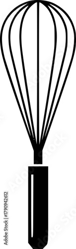 A black wire whisk with a handle is placed on a white background
