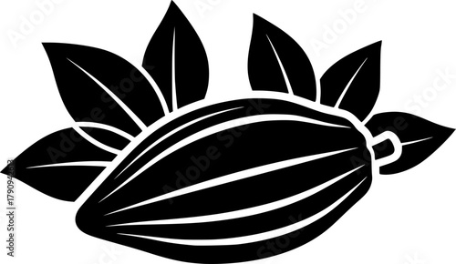 Striking silhouette of a cacao pod with leaves features bold black and white contrast
