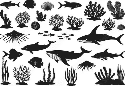 Marine life silhouette collection, ocean animals and coral reef vector, underwater sea creatures illustration design art