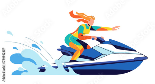 Thrilling Summer Activity: Woman Jet Skiing Against Black Background Illustration