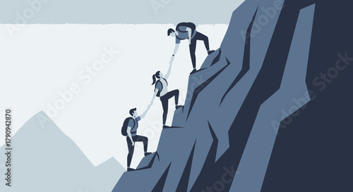 Teamwork And Support Demonstrated During Mountain Climbing For Achieving A Goal Together