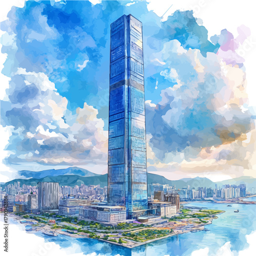 watercolor vector of International Commerce Centre, isolated on a white background.