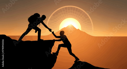 Teamwork And Support Reaching Goals, Silhouette Of Hikers Helping Each Other At Sunset