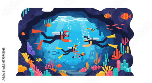 Thrilling Underwater Exploration: Scuba Divers Swimming Near Coral Reefs And Marine Life