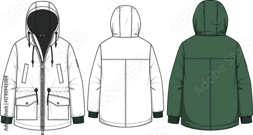 Short Length Winter Parka Jacket Technical Flat Fashion Drawing Template