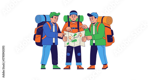 Three Backpackers Examining a Map Planning Their Trek, Guidance And Navigation Illustration