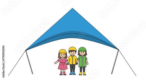 Three Children Under Blue Shade Representing Protection and Childhood Friendship