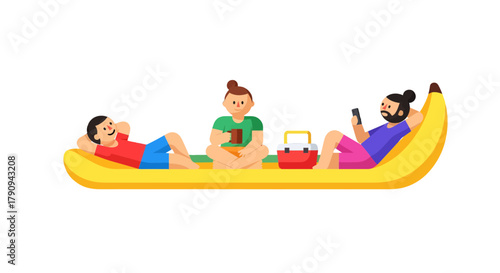 Three Relaxed Individuals Enjoying Leisure, Relaxing Together, In The Shape Of Banana