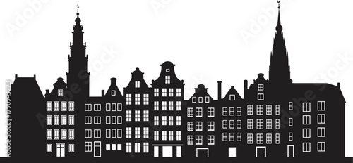 Old European city skyline silhouette, historic architecture vector, vintage town buildings illustration, urban landscape design