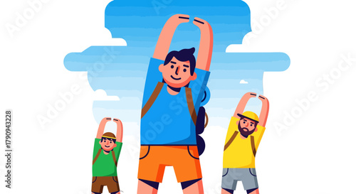 Three Hikers Stretching Against Sky Background To Highlight Adventure and Exercise