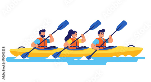 Three People Kayaking Together on Beautiful Waters, Perfect for Summer Recreational Adventures