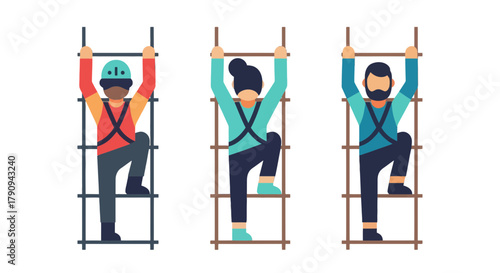 Three Individuals Ascending Ladders, Representing Challenges, Progress, And Success