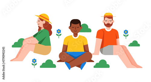 Three People Meditating in Harmony, Conceptual Illustration, Black Background
