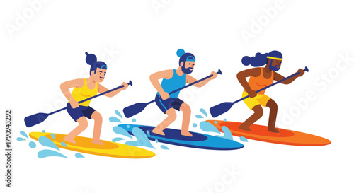 Three Surfers Paddleboarding on Vibrant Boards Amidst Water Splash on Black Backdrop