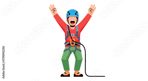 Thrilled Climber Celebrates Adventure After Successful Descent With Raised Arms In Air