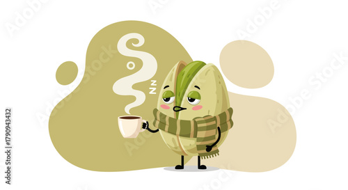 Tired Pistachio Nut Character Sipping Coffee, Wrapped in a Cozy Scarf, Feeling Sleepy