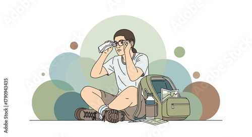 Tired Hiker Wiping Glasses While Resting During Outdoor Adventure or Journey