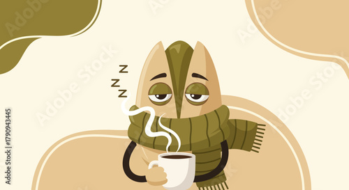 Tired Pistachio Nut Character Dressed In A Scarf, Enjoying Coffee And Sleepy