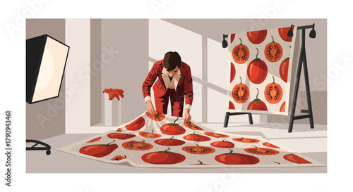 Tomato-Themed Fabric Design and Fashion-Inspired Illustration in a Brightly Lit Studio