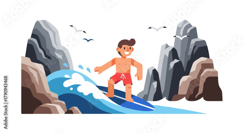 Thrilling Animated Surfer Riding a Vibrant Wave Amongst Rugged Coastal Cliffs