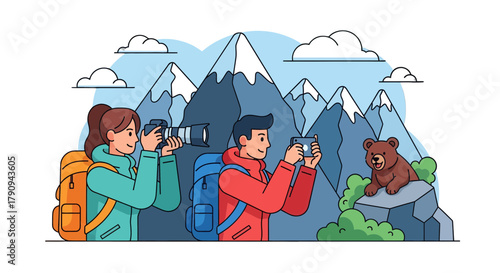 Tourists Capture Majestic Mountain Scenery And Encounter Adorable North American Brown Bear