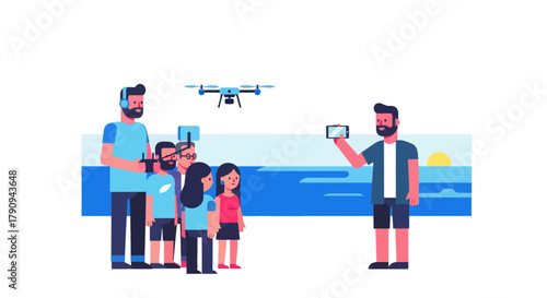 Tourists Capturing Moments During Their Coastal Experience with Technology and a Drone