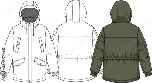 Technical Flat Sketch of Hooded Short Parka Winter Jacket