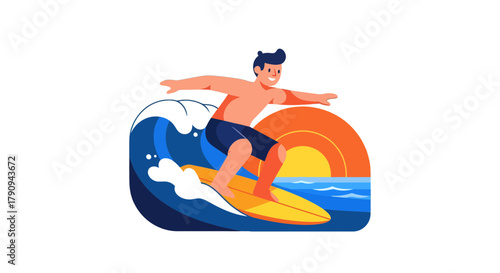 Thrilling Illustration Of Surfer Riding Wave During A Beautiful Sunset