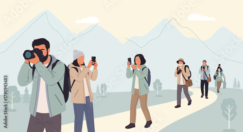 Tourists Capture Stunning Landscapes and Mountain Views with Cameras and Smartphones