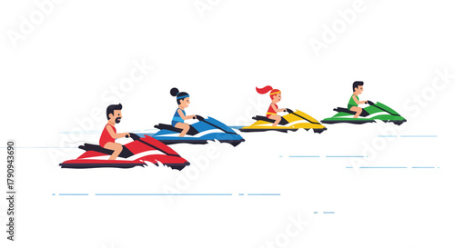 Thrilling Jet Ski Ride: Vibrant Cartoon Illustration of Water Sports and Leisure