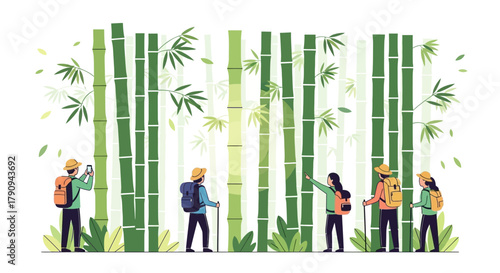 Tourists Discovering Lush Bamboo Forest and Experiencing Nature's Verdant Splendor