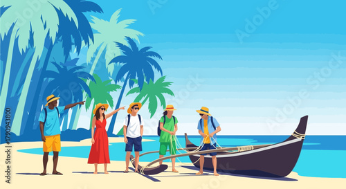 Tourists Preparing Beachside Boat Ride On Tropical Shoreline Vacation Adventure